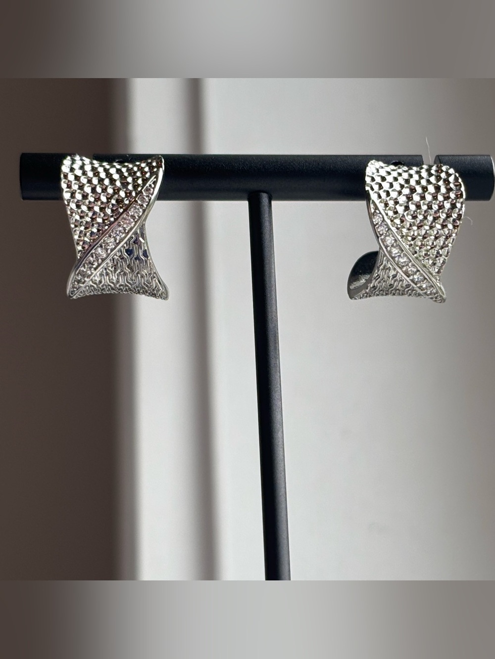 White Gold Plated Textured Hoop Earrings CZ Pave Wide Huggie Statement Earrings